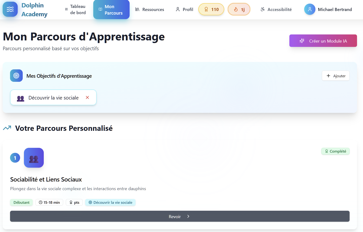 Interface du parcours d’apprentissage personnalisé