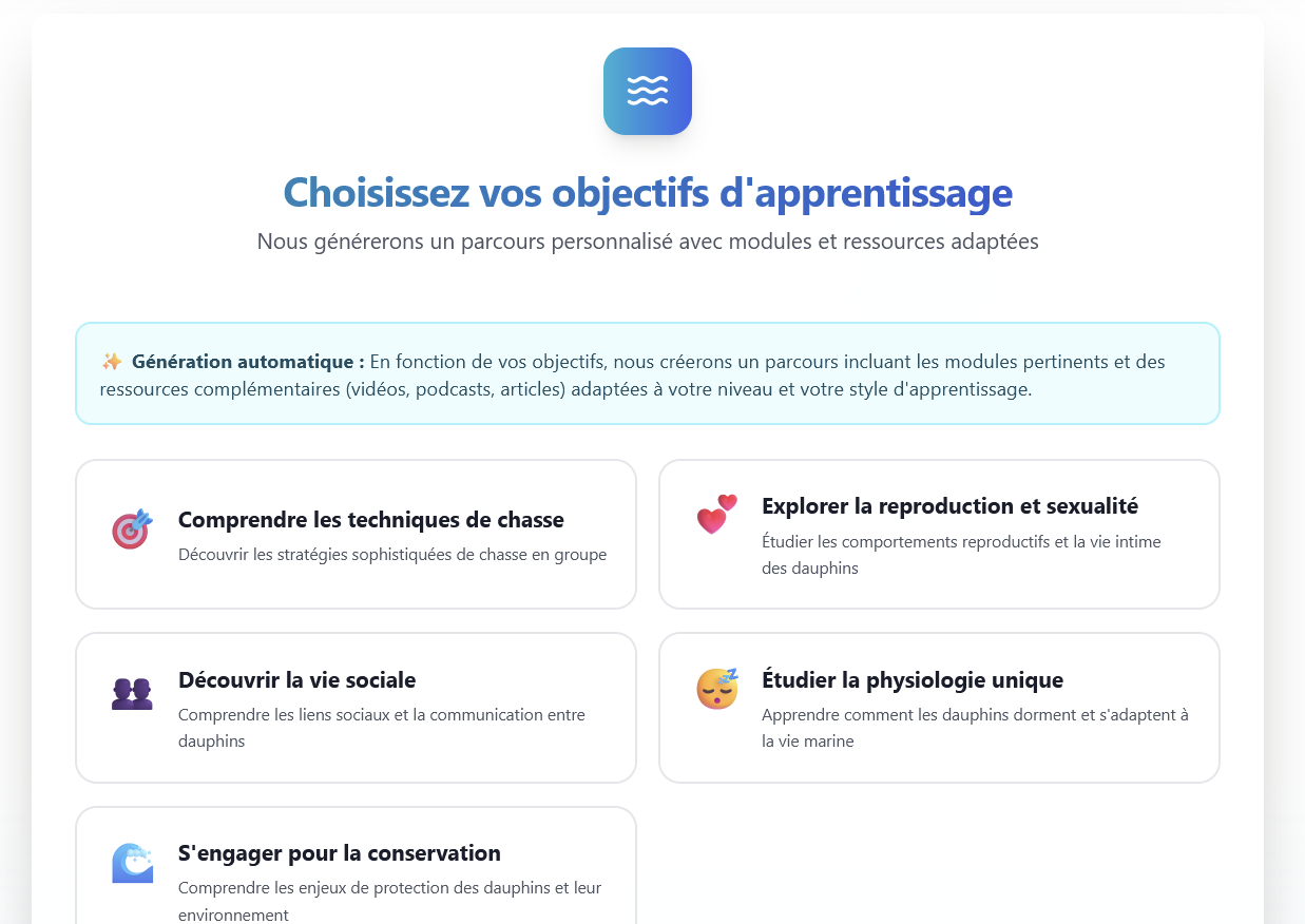 Écran de sélection des objectifs d’apprentissage