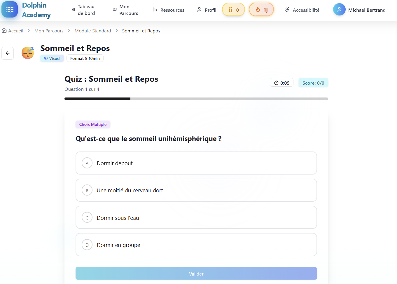 Interface de quiz sur le sommeil des dauphins