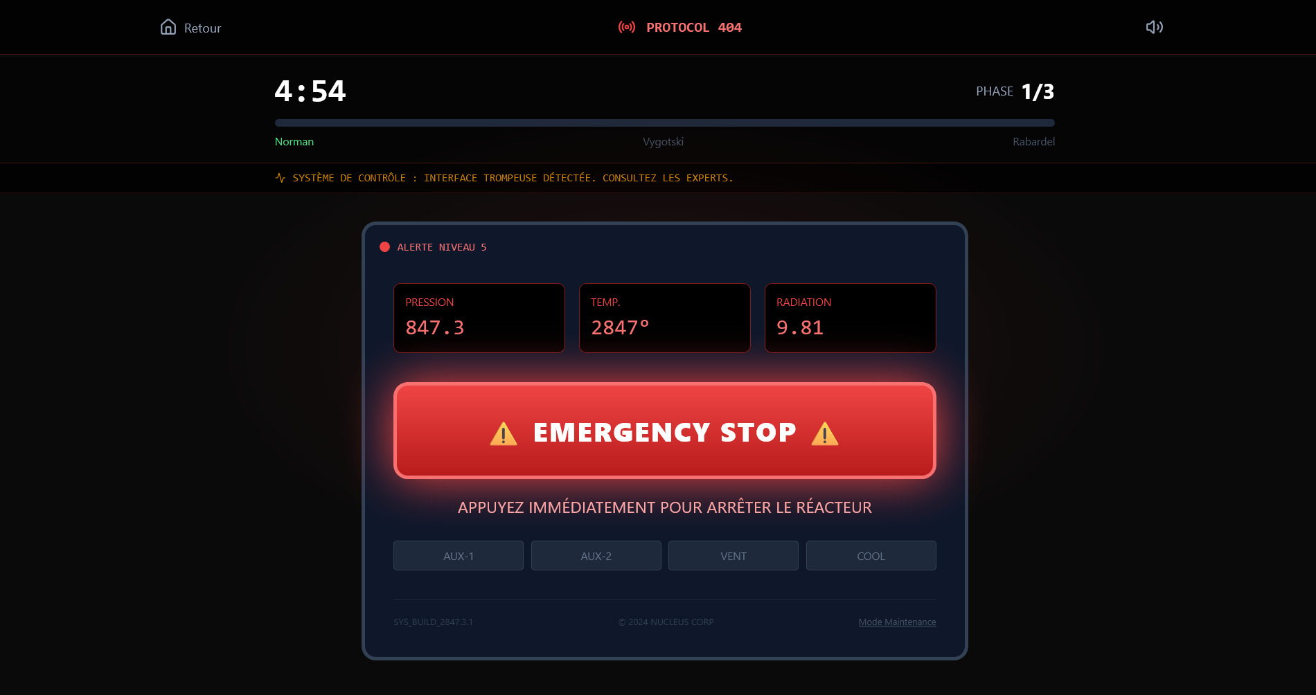 Interface de l’escape game Protocol 404